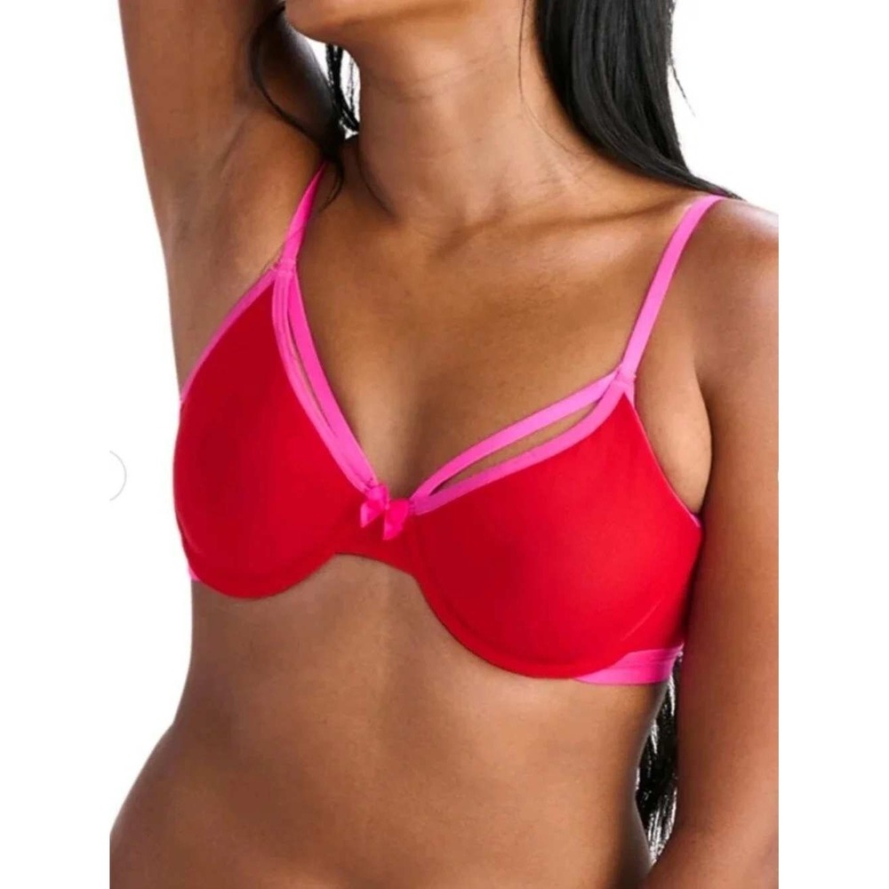 Parade Red Pink Sheer Mesh Underwire Plunge Bra Size Large PR132W